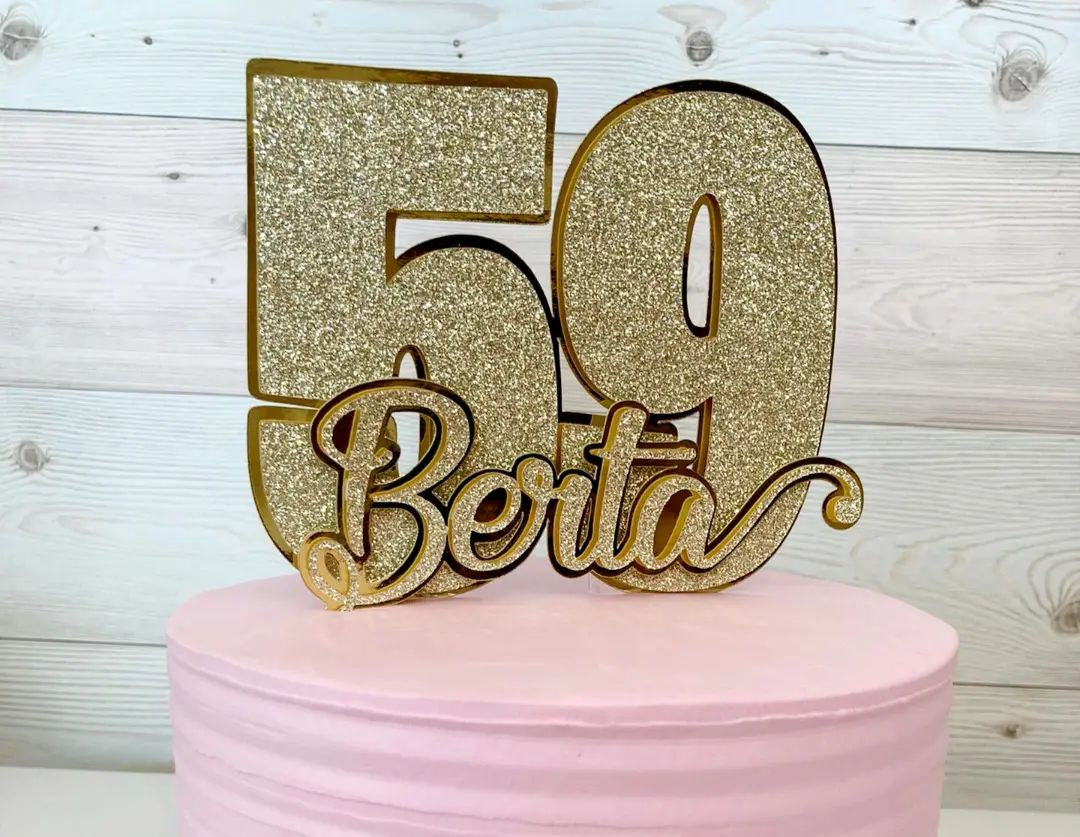 Topo de Bolo 3D Idade e Nome Dourado