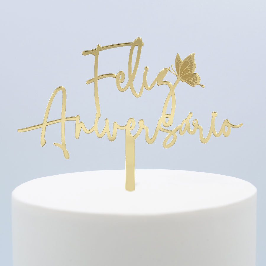 Topper Ouro Feliz Aniversário c/ Borboletas