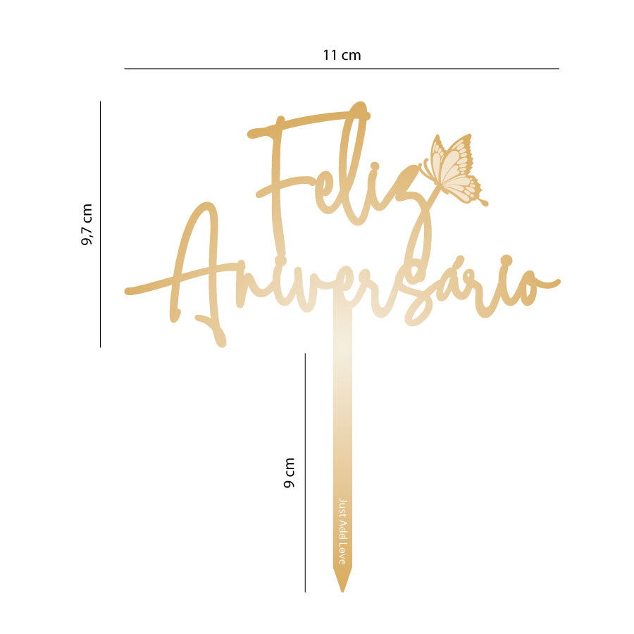 Topper Ouro Feliz Aniversário c/ Borboletas