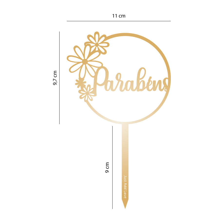 Topper Ouro Parabéns com Flores