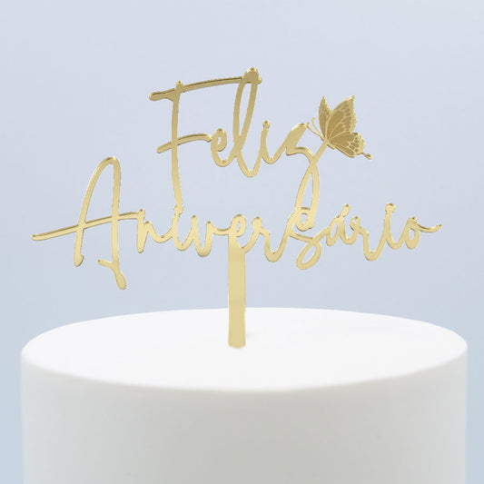 Topper Ouro Feliz Aniversário c/ Borboletas